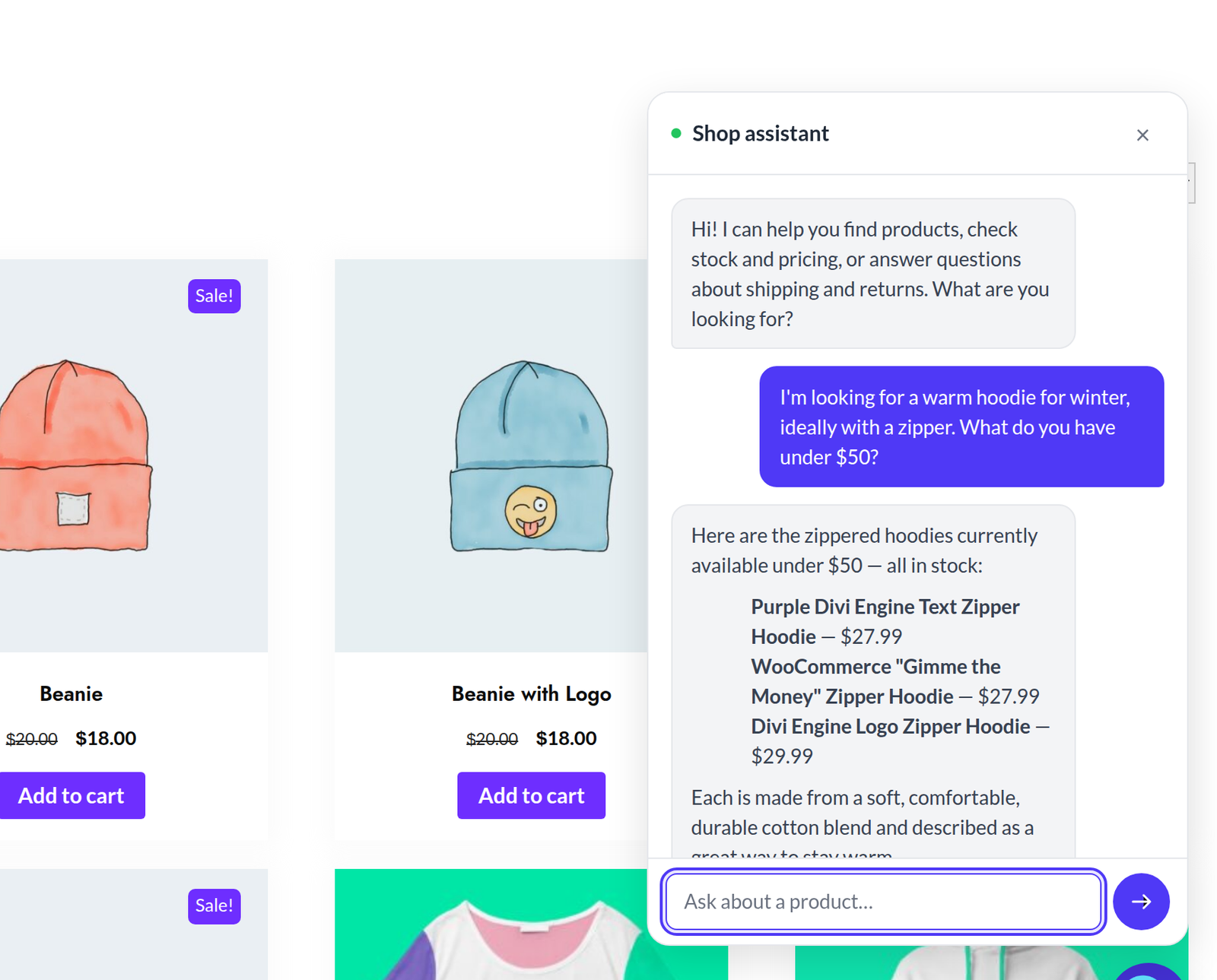Woo AI Product Recommender: AI shopping chat for WooCommerce screenshot