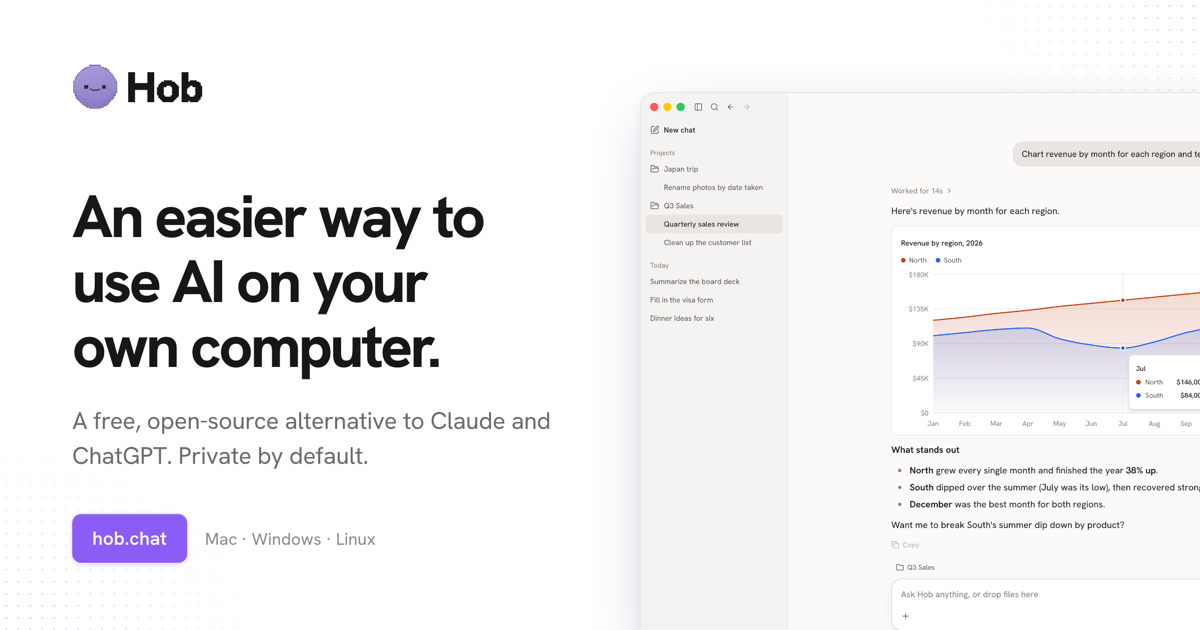 Hob — An easier way to use AI on your own computer. · hob.chat screenshot